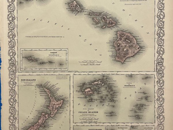 No.5911 Original 1873 Map of Sandwich Islands (Hawaii), New Zealand, Fiji Islands, Galapagos Islands
